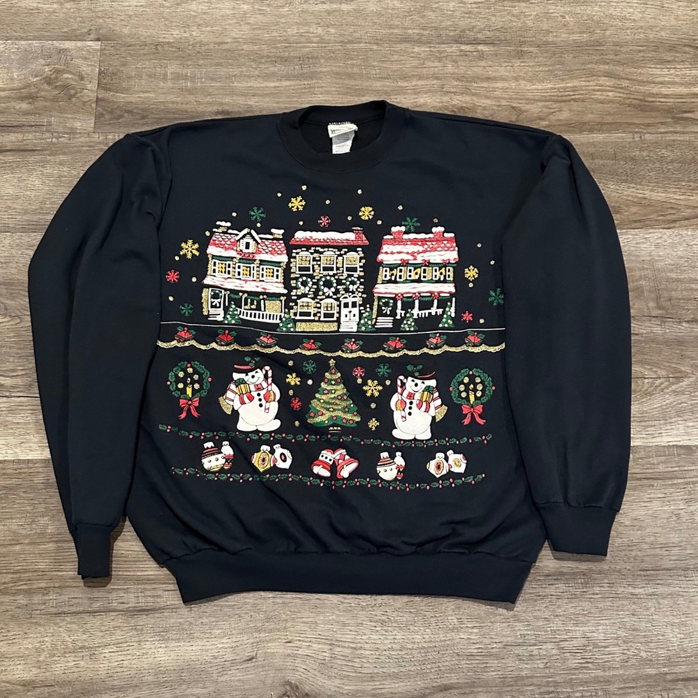 Vintage 90s Briar Creek Christmas Sweatshirt Adult Large Black Snowman Winter